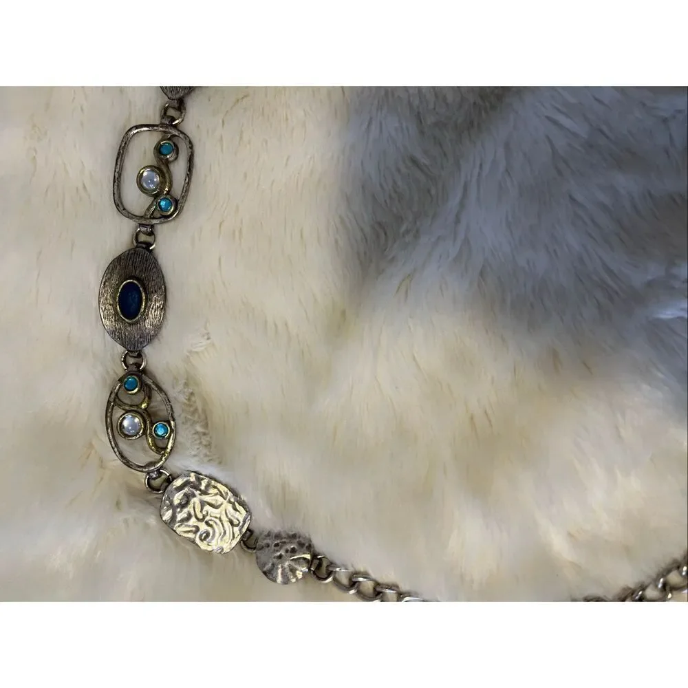 Chico's statement belt mixed-metal design oval-shaped cabochons dark blue